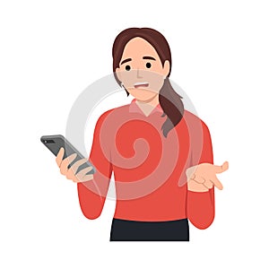 Anger frustration confusion concept. Nervous girl looking at smartphone