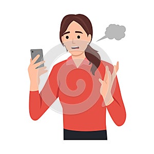 Anger frustration confusion concept. Nervous girl looking at smartphone screen. Furious teenager irritated with phone malfunction