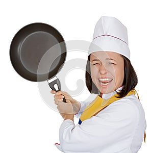 Anger, Fury and Rage Young Woman Chef with Frying Pan in Her Han