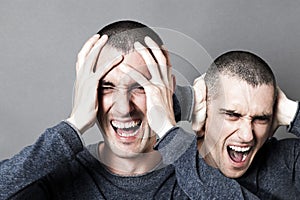 Anger, male headache, burn out or mad bipolar behavior photo