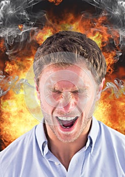 anger man shouting with steam on ears and fire behind him.