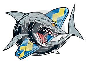 Anger shark and surfboard