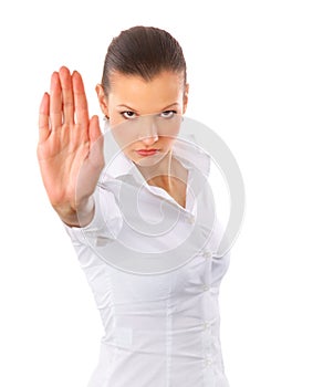Anger woman signaling stop sign
