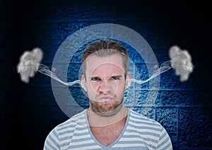 anger young man with steam on ears. Black and blue background