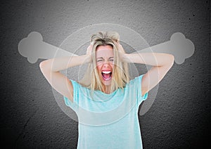 anger young woman shouting with steam on ears and hand on head.