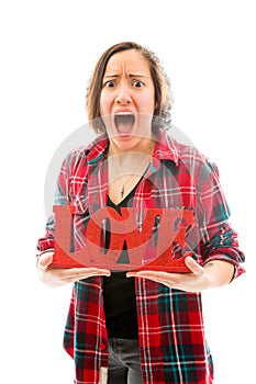 Anger young woman showing love text