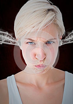 anger young woman with steam on ears. Black and red background