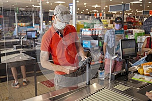 Angers France - August 21 2020: protective shield in the store at the checkout