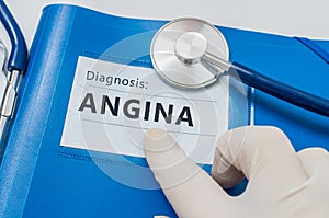 Angina Pectoris diagnosis on blue folder with stethoscope
