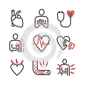 Angina pectoris line icons. Symptoms. Vector signs for web graphics.