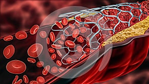 Angioplasty 3D rendering illustration. Deployed Stent within a diseased artery or blood vessel clogged by cholesterol or atheroma photo