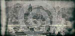 Angkor Wat aerial view in vintage camera style, Siem Reap, Cambodia.