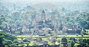 Angkor Wat aerial view in vintage camera style, Siem Reap, Cambodia