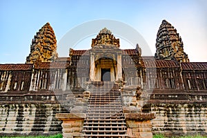 Angkor Wat, Khmer Temple, Siem Reap, Cambodia. Stairway to upper gallery and towers of Angkor Wat. 