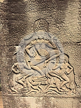 Angkor Wat in Siem Reap, Cambodia. Apsara carved on the wall of Khmer ancient temple