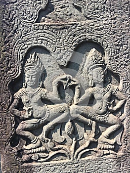 Angkor Wat in Siem Reap, Cambodia. Apsara carved on the wall of Khmer ancient temple