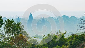 Angkor Wat sunny day main facade silhouette amid misty green forest. Telephoto from Phnom Bakheng. World famous temple in Cambodia