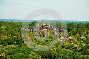 Angkor Wat temple complex, Aerial view. Siem Reap, Cambodia. Largest religious monument in the world 162.6 hectares