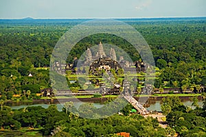 Angkor Wat temple complex, Aerial view. Siem Reap, Cambodia. Largest religious monument in the world 162.6 hectares