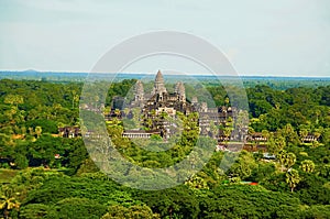 Angkor Wat temple complex, Aerial view. Siem Reap, Cambodia. Largest religious monument in the world 162.6 hectares. UNESCO World