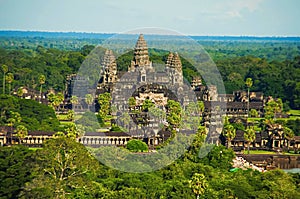 Angkor Wat temple complex, Aerial view. Siem Reap, Cambodia. Largest religious monument in the world 162.6 hectares. UNESCO World
