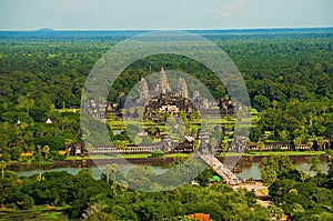 Angkor Wat temple complex, Aerial view. Siem Reap, Cambodia. Largest religious monument in the world 162.6 hectares. UNESCO World