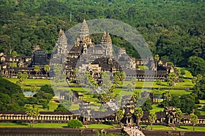 Angkor Wat temple complex, Aerial view. Siem Reap, Cambodia. Largest religious monument in the world 162.6 hectares