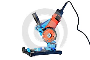 Angle grinder with circular saw blade set up with angle grinder stand