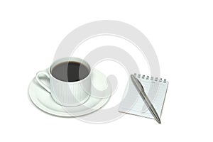 An angle view of a cup of black coffee, saucer, and side notepad with pen, on an all-white background.