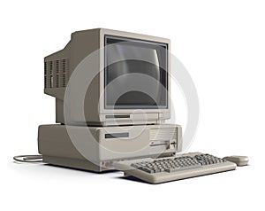 Angle View of an Old Desktop PC with Floppy Drive  Keyboard and Mouse Isolated on a White Background.