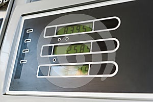 Angle view of price display on gasoline and benzine at petrol station