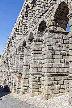 Angle view of segovia roman aqueduct arches, in autonomous region of Castile and Leon