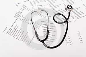 Angle view of stethoscope on lists