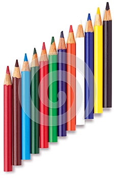 Angled row of childrens colouring coloring pencils
