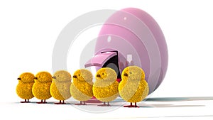 An angled view of 6 Easter Chicks with a Spaceship Egg