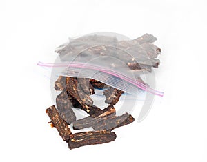 Angled View of a Bag of Homemade Beef Jerky photo