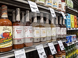 Lynnwood, WA USA - circa April 2022: Angled view of cocktail mixers, tonic water, and club soda for sale inside a Town and Country