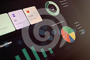 Angled view of digital dashboard interface featuring donut and pie charts for interface and production data analysis. Ideal for