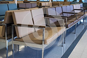 Angled view of padded bench seating inside of a Washington State Ferry bound for Friday Harbor