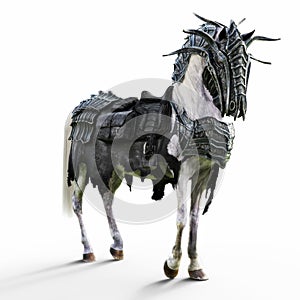 Angled view of a posing armored white war horse on a isolated white background.