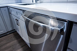 Angled view of a stainless steel dishwasher inside a white and gray, modern style kitchen with marble countertops