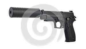 Angled view of a Suppressed Pistol with cocked hammer ready to fire