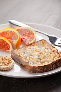 Angled view of toad in a hole egg breakfast
