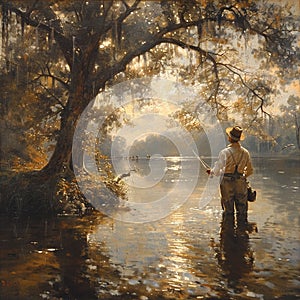 Angler casting a line in a serene river