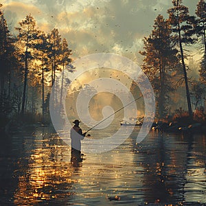 Angler casting a line in a serene river