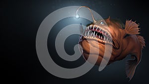 Angler fish on background of dark blue water realistic illustration art.