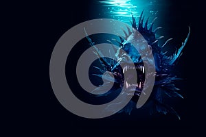 Angler fish on background of dark blue water realistic illustration art.