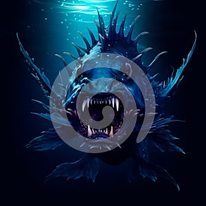 Angler fish on background of dark blue water realistic illustration art.