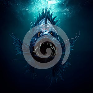 Angler fish on background of dark blue water realistic illustration art.