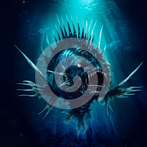 Angler fish on background of dark blue water realistic illustration art.